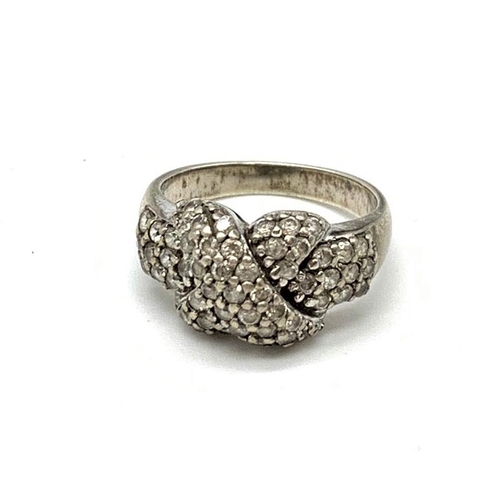 407 - Silver Ring with White Stone and X design 5.8g Size P