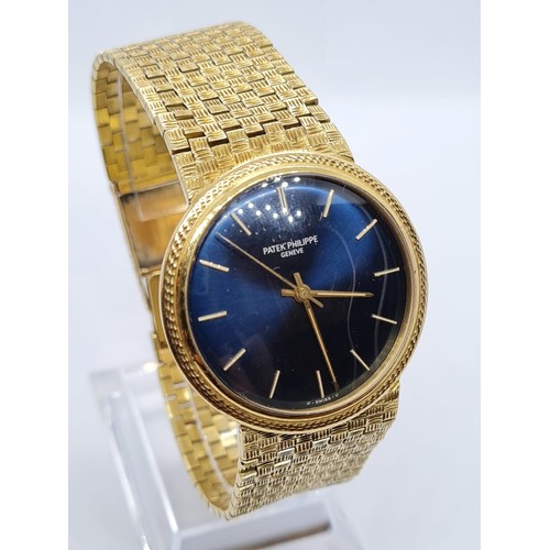 5 - PATEK PHILIPPE GENEVE gent watch with blue face and 18k gold strap,36mm case 1970s model automatic, ... 