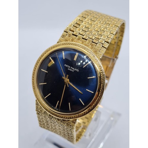 5 - PATEK PHILIPPE GENEVE gent watch with blue face and 18k gold strap,36mm case 1970s model automatic, ... 