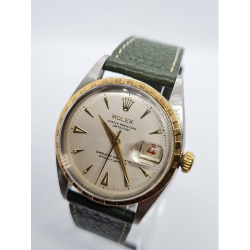 16 - Rolex Oyster Perpetual Datejust chronometer gent watch 1960s, unusual bezel and leather strap 35mm c... 