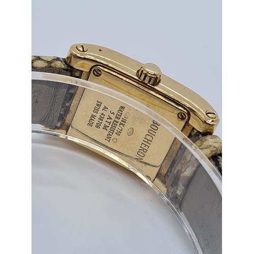 36 - 18ct gold ladies Boucheron watch, tank style with gold face and original Boucheron snake skin strap ... 