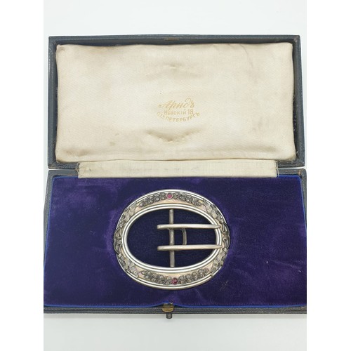 80 - An early Russian silver enamel diamond buckle in original velvet lined box, 48.7g weight and 7 x 6cm... 