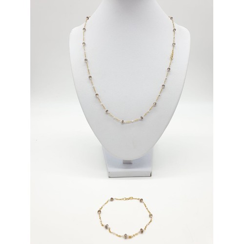 88 - 14ct gold brown diamond and pearl necklace with matching bracelet, total weight 5.6g and over 9ct di... 