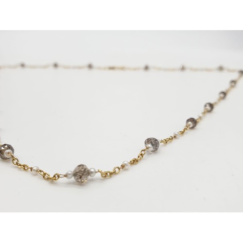 88 - 14ct gold brown diamond and pearl necklace with matching bracelet, total weight 5.6g and over 9ct di... 