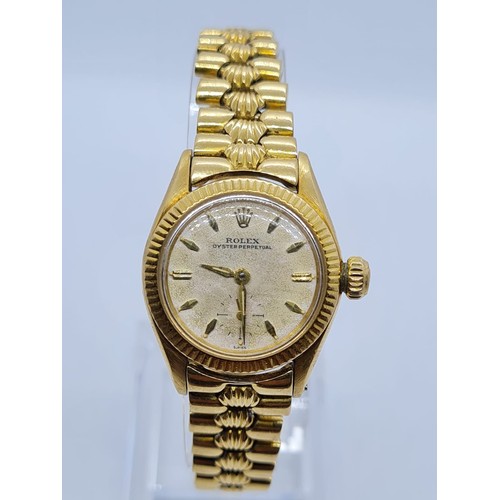 127 - Rolex Oyster Perpetual 18k gold ladies watch 1940s/1950s model, rare original strap with Rolex logo ... 