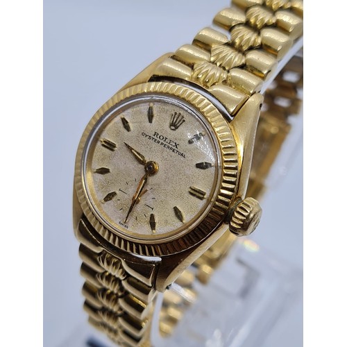 127 - Rolex Oyster Perpetual 18k gold ladies watch 1940s/1950s model, rare original strap with Rolex logo ... 