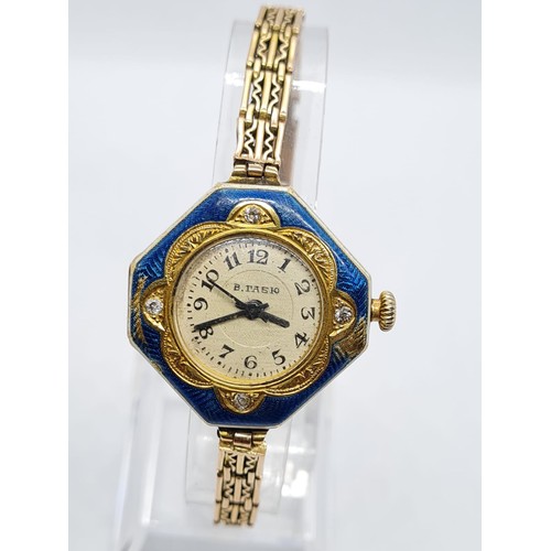 136 - Antique Russian В. ГАБЮ 14k gold  ladies watch with octagonal enamel face 30mm, and 14k gold strap 1... 