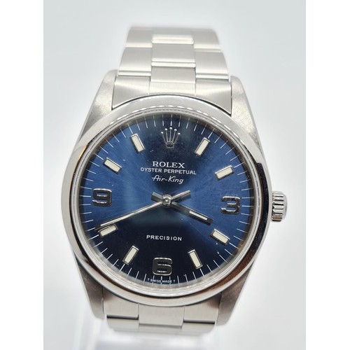 143 - Rolex Oyster Perpetual Air-King Precision gent watch with blue face steel strap, 36mm case