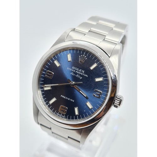 143 - Rolex Oyster Perpetual Air-King Precision gent watch with blue face steel strap, 36mm case