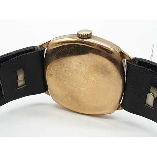 155 - 1930's 9ct Gold Gents Wrist Watch with Leather Strap .F.W.D.