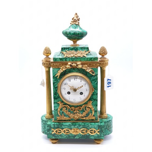 197 - A heavy Russian gilt bronze antique malachite clock, H38 x W22