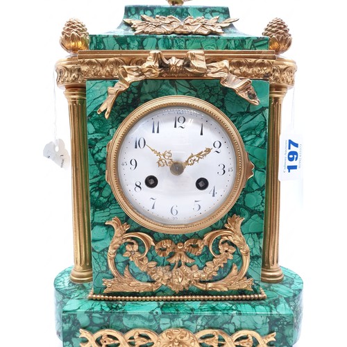 197 - A heavy Russian gilt bronze antique malachite clock, H38 x W22