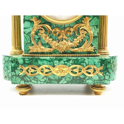 197 - A heavy Russian gilt bronze antique malachite clock, H38 x W22