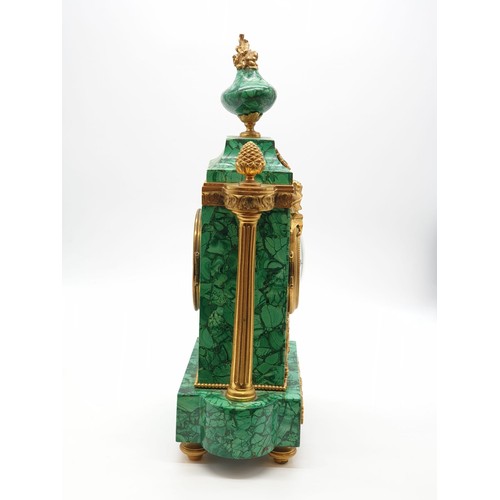 197 - A heavy Russian gilt bronze antique malachite clock, H38 x W22