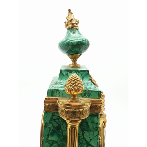 197 - A heavy Russian gilt bronze antique malachite clock, H38 x W22