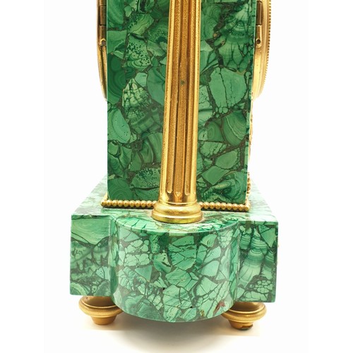 197 - A heavy Russian gilt bronze antique malachite clock, H38 x W22