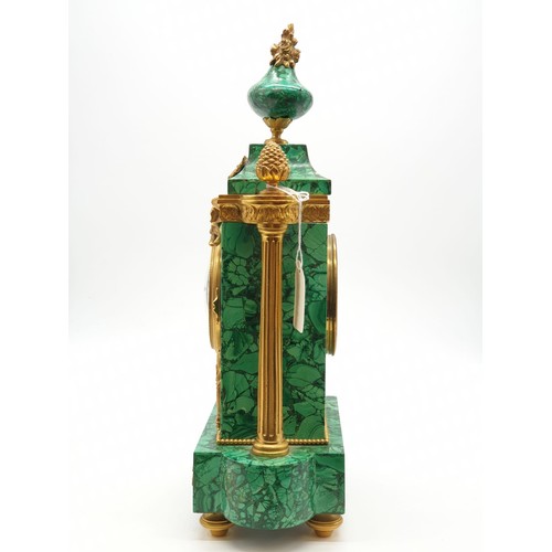 197 - A heavy Russian gilt bronze antique malachite clock, H38 x W22