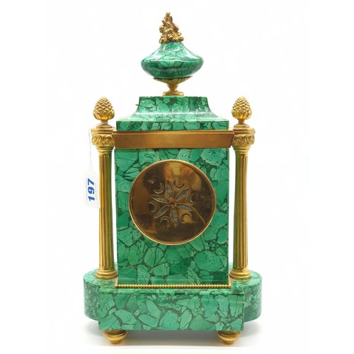 197 - A heavy Russian gilt bronze antique malachite clock, H38 x W22