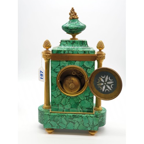 197 - A heavy Russian gilt bronze antique malachite clock, H38 x W22