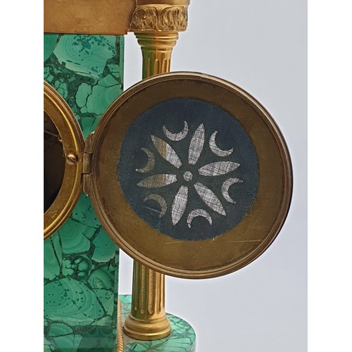 197 - A heavy Russian gilt bronze antique malachite clock, H38 x W22