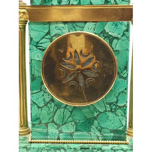 197 - A heavy Russian gilt bronze antique malachite clock, H38 x W22