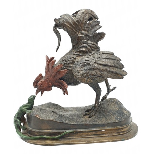 237 - Austrian large cold painted bronze of cockerel meeting lizard by Franz Bergman , 2.9kg weight and si... 