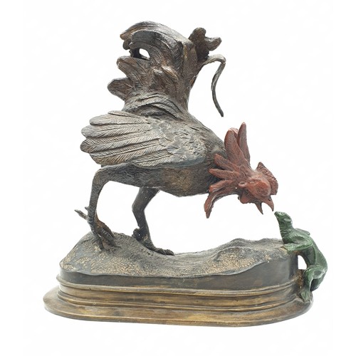 237 - Austrian large cold painted bronze of cockerel meeting lizard by Franz Bergman , 2.9kg weight and si... 