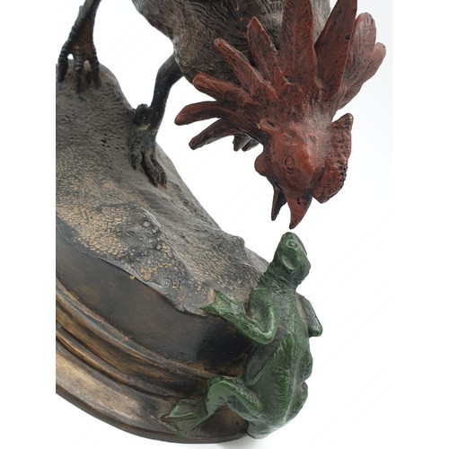 237 - Austrian large cold painted bronze of cockerel meeting lizard by Franz Bergman , 2.9kg weight and si... 