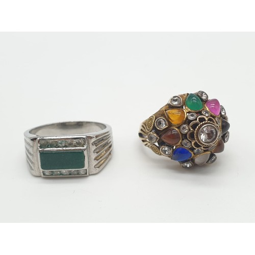 239 - 14k gold ring with multi colour stones (weight 7.5g size Q) plus one silver ring (6.3g and size U) (... 