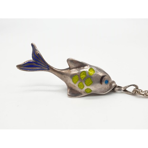 292 - (WITHDRAWN) Large enamel and silver fish pendant on a 48cm silver chain, weight 22.7g, pendant 5cm l... 