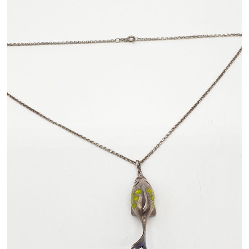 292 - (WITHDRAWN) Large enamel and silver fish pendant on a 48cm silver chain, weight 22.7g, pendant 5cm l... 