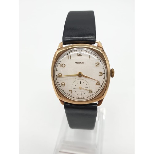 296 - 1930's Rotary 9ct Gold Gents Watch with Leather Strap, Needs Servicing and New Glass.