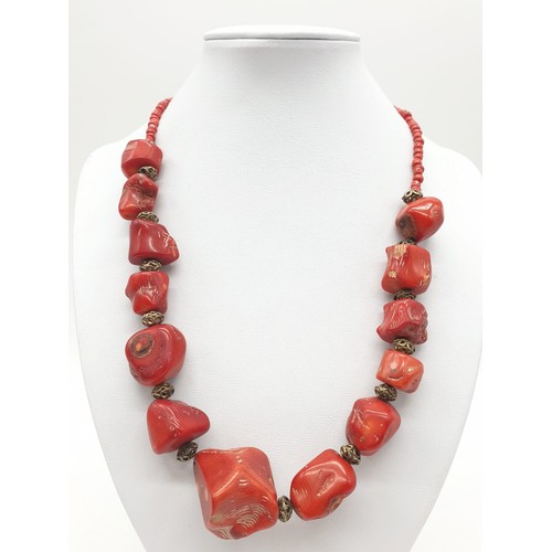 364 - Large colour enhanced coral necklace (central piece 3x3.2cm size), 46cm long approx