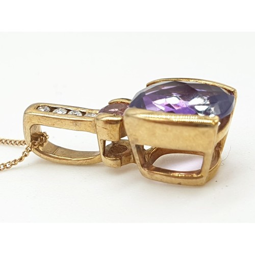 412 - 9ct gold amethyst pendant on 45cm long 9ct chain, weight 2g approx, pendant 2cm drop long