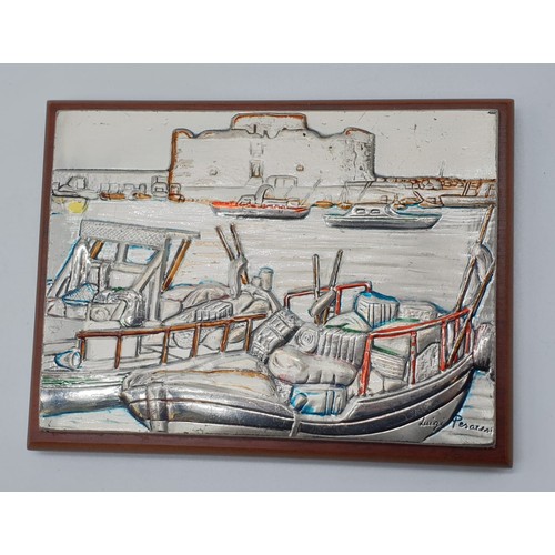 436 - Silver plaque on wooden base depicting a harbour scene by Luigi Pesairsi, 12x9cm