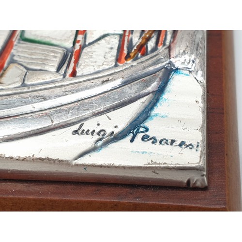 436 - Silver plaque on wooden base depicting a harbour scene by Luigi Pesairsi, 12x9cm