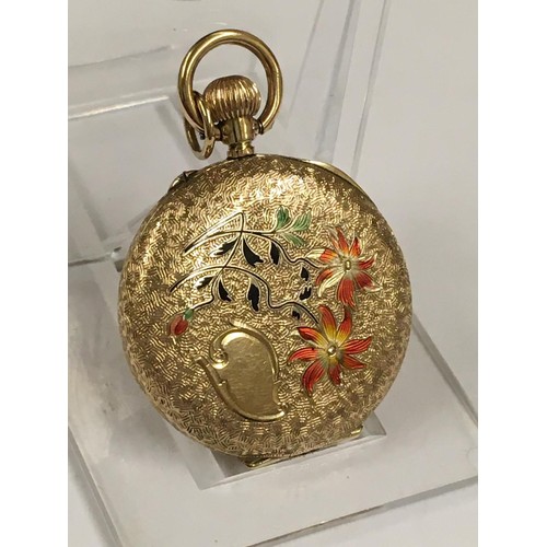 137 - Antique ladies solid gold Pocket watch with enamel back , ticks but sometimes stops