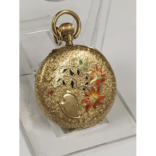 137 - Antique ladies solid gold Pocket watch with enamel back , ticks but sometimes stops