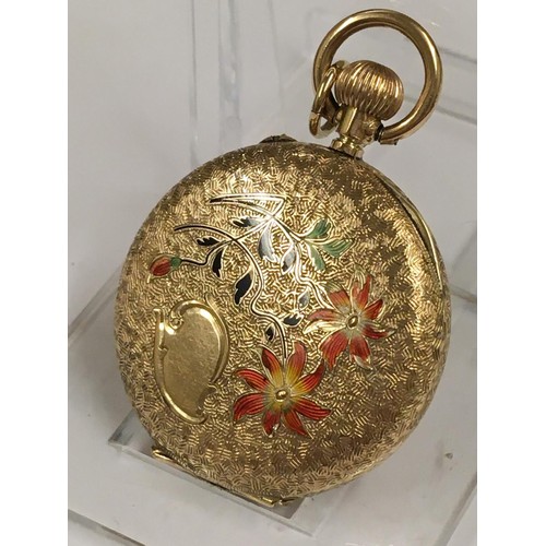 137 - Antique ladies solid gold Pocket watch with enamel back , ticks but sometimes stops