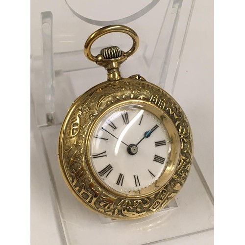 139 - Rare unusual yellow metal pocket watch with Egyptian hieroglyphs on the case , winds and ticks but n... 