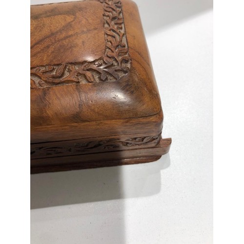 482 - Indian teak wooden box with hidden lock; around 13x21x6cm