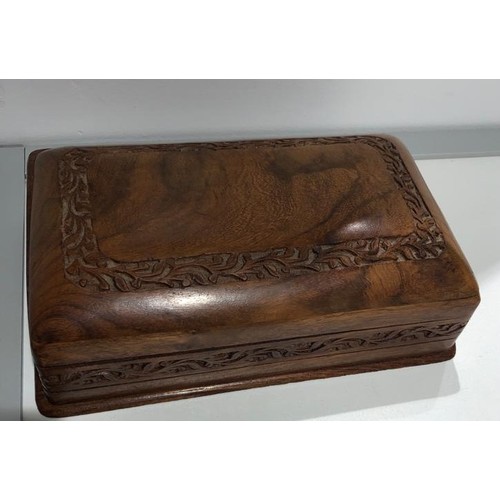 482 - Indian teak wooden box with hidden lock; around 13x21x6cm