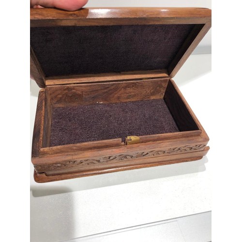 482 - Indian teak wooden box with hidden lock; around 13x21x6cm