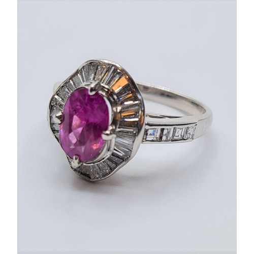 100 - Pink sapphire and diamond ring set in platinum with diamond shoulders 6.6g, size M/N