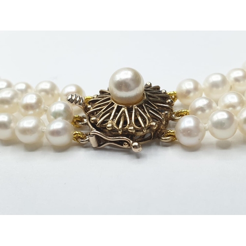 106 - 3 rows of Cultured pearl necklace set in 9ct gold clasp , weight 49g and 46cm long approx