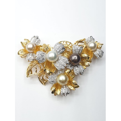 121 - Large Antique 18ct gold brooch set with 3 colour south sea pearls (approx 9-12mm in size) and encrus... 