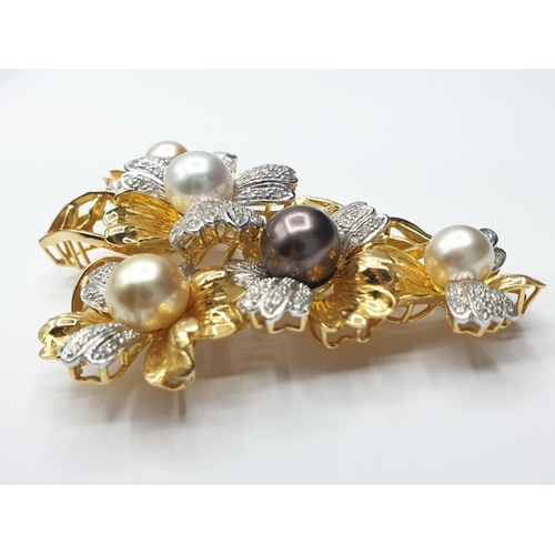 121 - Large Antique 18ct gold brooch set with 3 colour south sea pearls (approx 9-12mm in size) and encrus... 