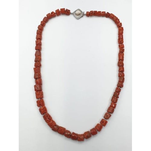 200 - Vintage coral necklace with pearl and silver clasp , weight 33.17g and 46cm long approx