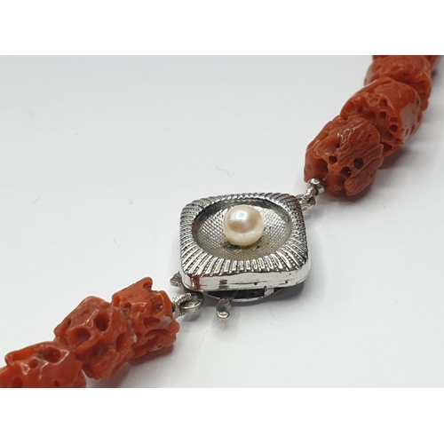 200 - Vintage coral necklace with pearl and silver clasp , weight 33.17g and 46cm long approx