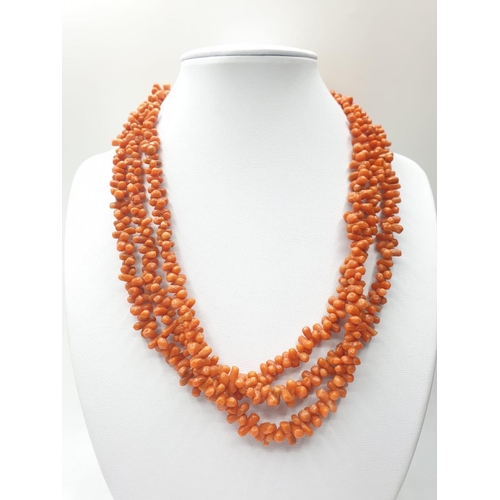 243 - 3 ROW CORAL NECKLACE CHOKER STYLE, WEIGHT 71.6G AND 45CM LONG APPROX